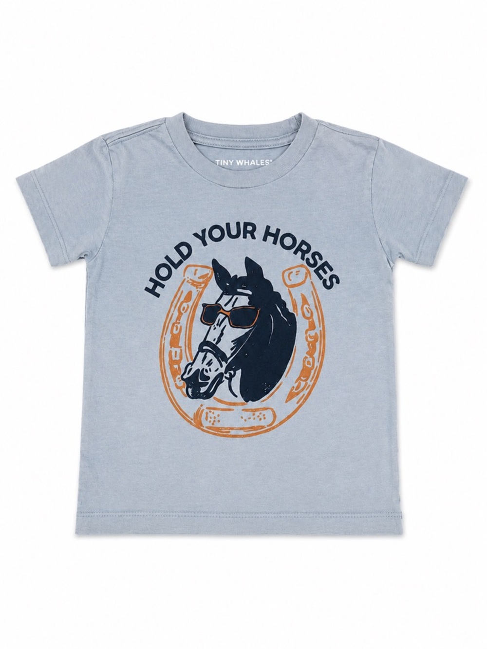 New - Tiny Whales Blue Grey "Hold Your Horses" Graphic Tee for Kids | Size 2